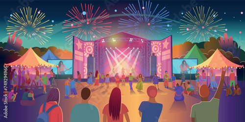 Open air music festival. Music Stages, vector illustration of a crowd of fans waving their arms, dancing, shooting video on their phone. Bright illustration, hand draw, objects grouped and layered.