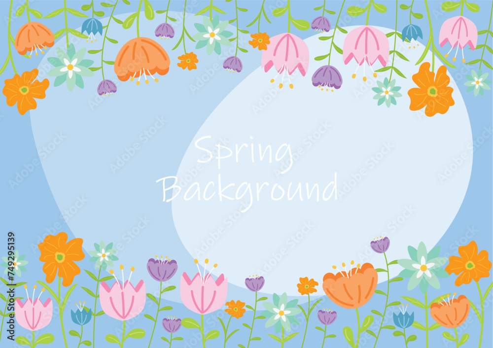 spring beautiful blooming flowers on blue background,floral border,vector illustration background