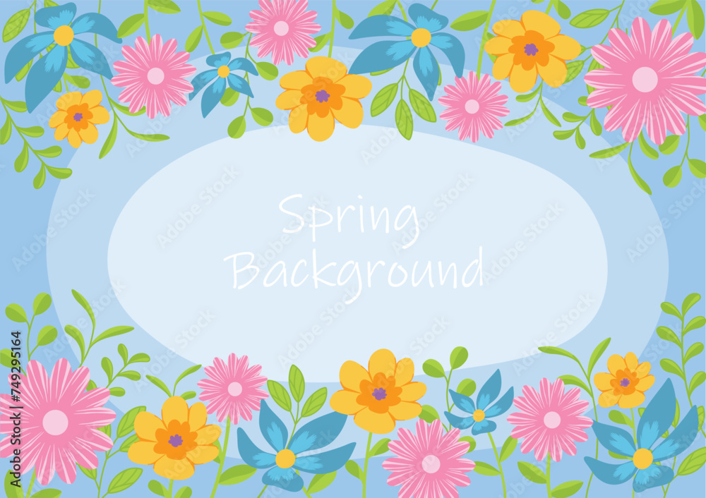 spring beautiful blooming flower on blue background,floral border,vector illustration background