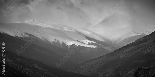 Winter panoramic black and white image over the Carpathians mountains