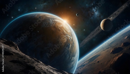 Planets in deep space. Panorama in the endless expanse of space. Cinematic view. 