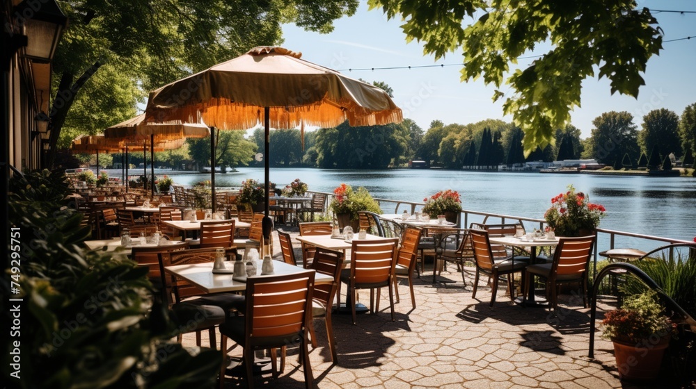 A riverside restaurant patio with tables set under shady umbrellas