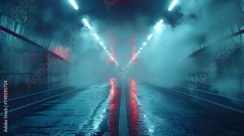 Neon-lit urban setting with empty street and atmospheric smoke. Concept Neon Lights, Urban Setting, Empty Street, Atmoshpheric Smoke © Anastasiia