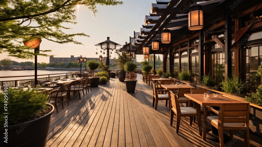 A riverside restaurant patio with wooden boardwalks and nautical decor