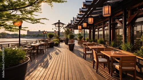 A riverside restaurant patio with wooden boardwalks and nautical decor