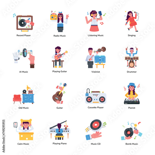 Set of 16 Song and Music Flat Icons

