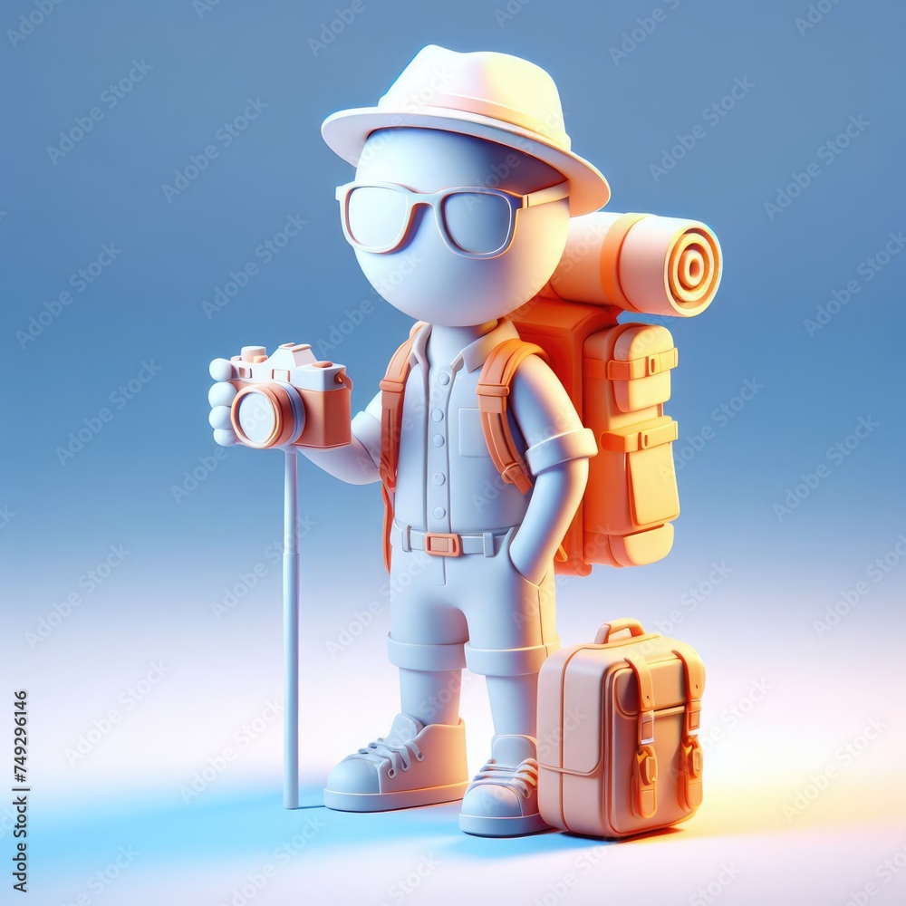 Naklejka premium Tourist with a camera in a static pose and black glasses. Colorful Cartoon Cute 3D character.