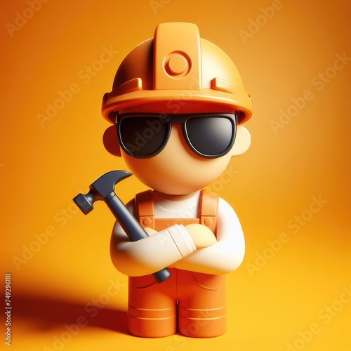 Builder with a hammer in a static pose and black glasses. Colorful Cartoon Cute 3D character.