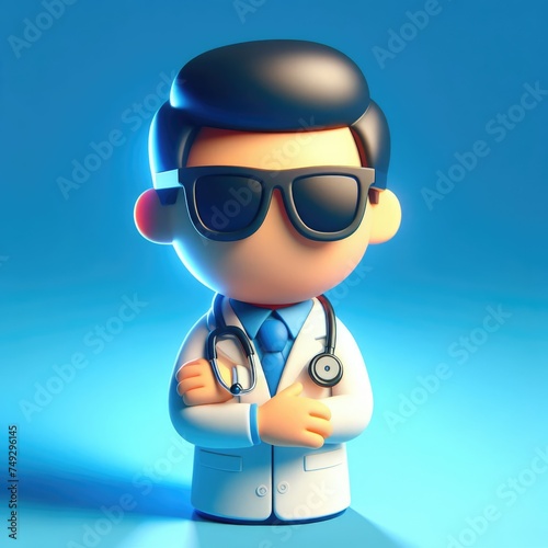 Doctor in a static pose and black glasses. Colorful Cartoon Cute 3D character.