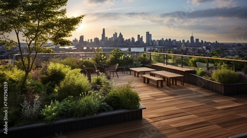 A rooftop garden with wooden deck flooring and panoramic city views