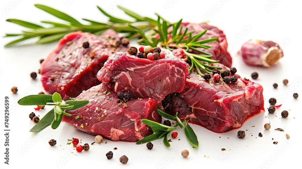 Fresh beef meat with spices, isolated on white background Fresh beef meat with spices, isolated on white background
