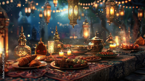 Islamic background, half moon, chand, mosque, lantern photo