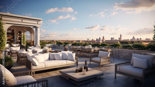 A rooftop lounge with plush seating and a panoramic view of the city