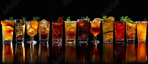 Glasses of various alcoholic cocktails with ice cubes and dressing on black background suitable for bar or nightclub.Macro.AI Generative. photo