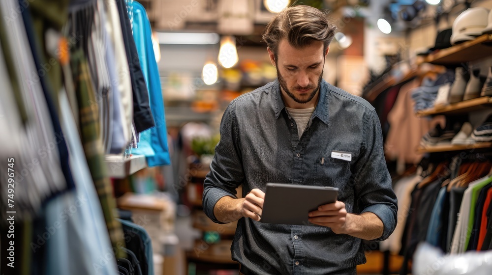 Male small business owner using digital tablet in clothing store Male small business owner using digital tablet in clothing store