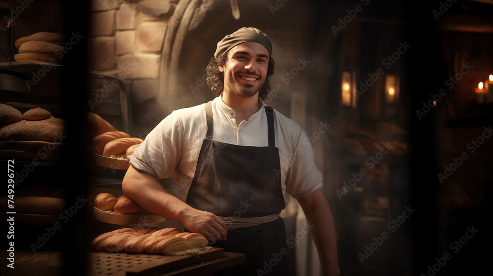 Baker in apron and cap in traditional craft bakery. Small business concept