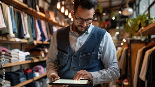 Male small business owner using digital tablet in clothing store