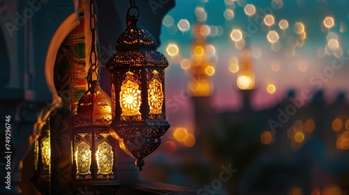 Islamic background, half moon, chand, mosque, lantern