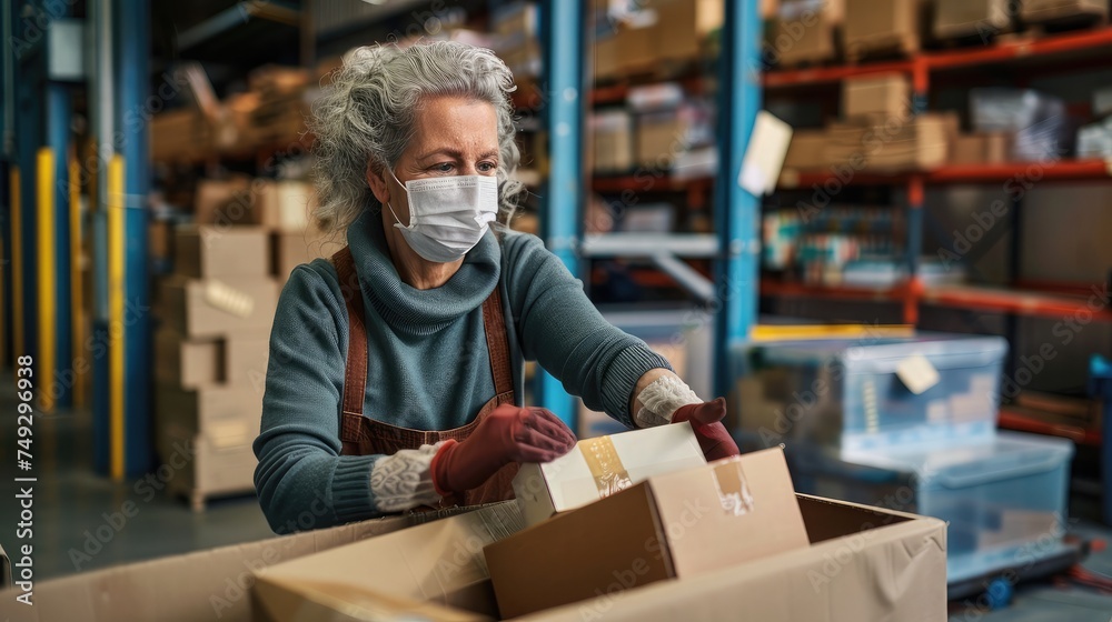 Older mature female online store small business owner worker wearing face mask packing package scanning postal drop shipping ecommerce retail order in box preparing delivery parcel in stock warehouse. Older mature female online store small business owner worker wearing face mask packing package scanning postal drop shipping ecommerce retail order in box preparing delivery parcel in stock warehouse.