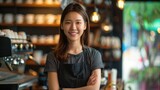 Portrait of Startup successful small Asian business owner in coffee shop.Asian woman barista cafe owner. SME entrepreneur seller business concept
