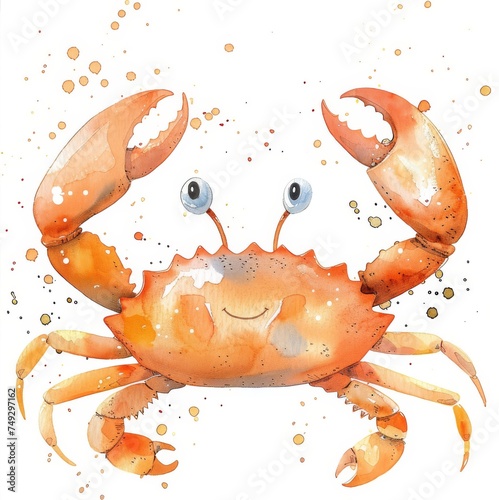 Cute red crab stands on a white background, with its claws raised. An illustration for a children's book. Watercolor illustration art. photo