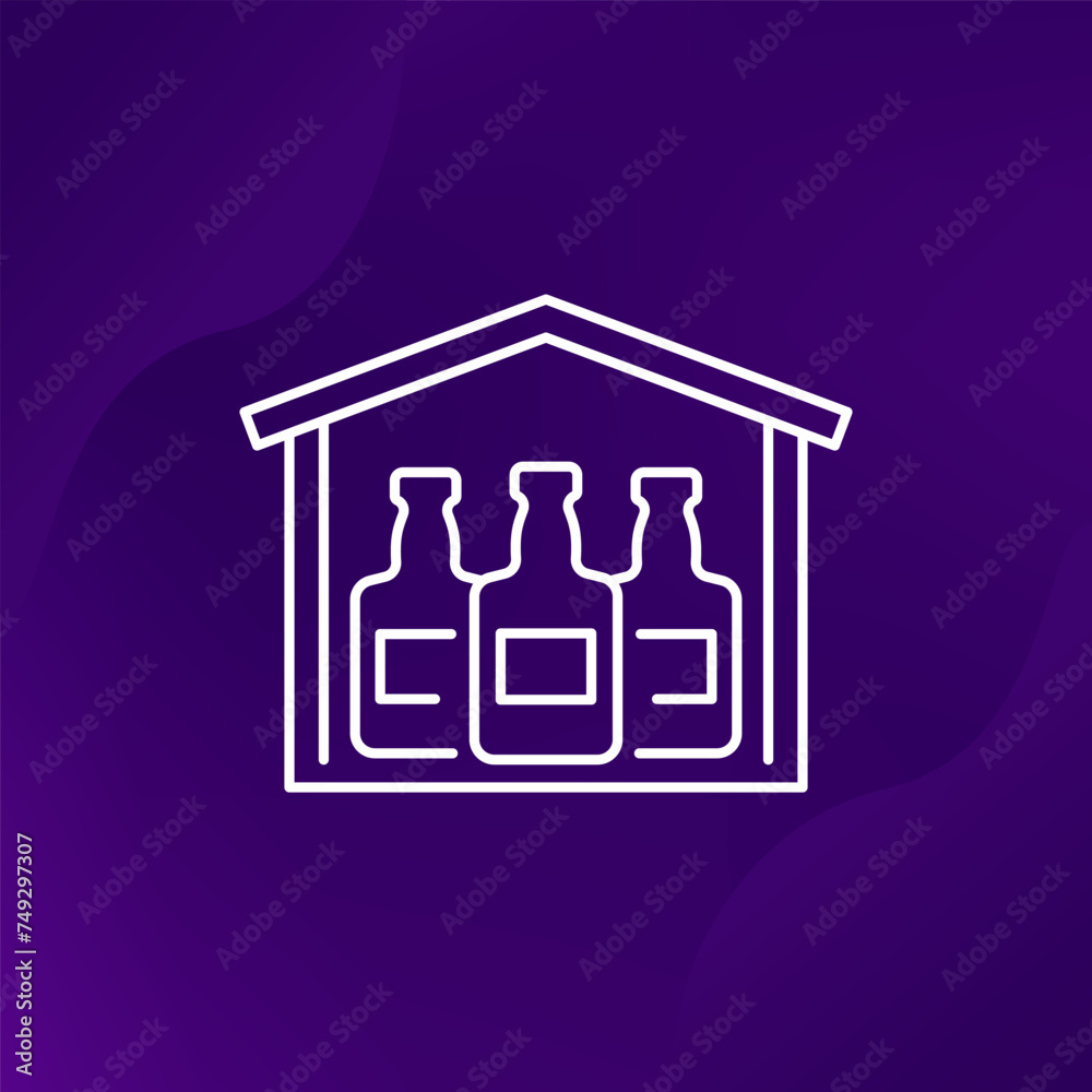 Alcohol storage line icon with warehouse, vector