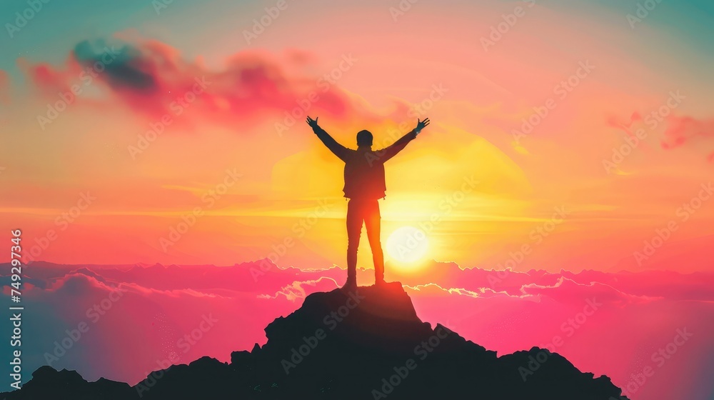 silhouette achievements successful arm up man is on top of hill celebrating success with sunrise