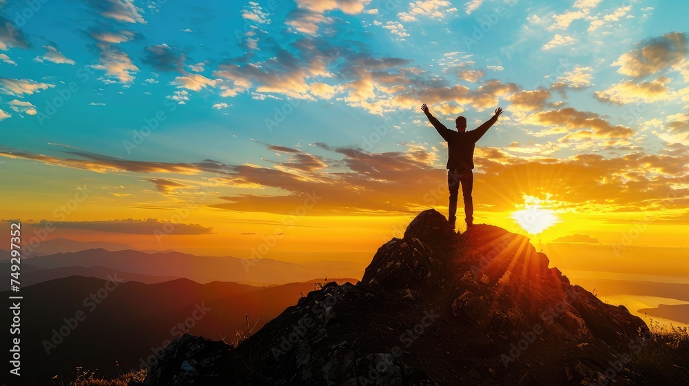 silhouette achievements successful arm up man is on top of hill celebrating success with sunrise