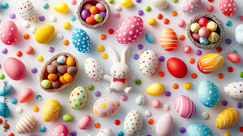 cute bunny decorative figure and easter eggs . Easter card, Easter background. idea for Easter decor