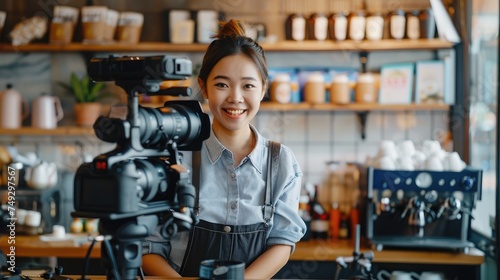 Startup successful small business owner sme beauty vlogger girl video online marketing camera in cafe. Portrait young asian woman barista cafe owner. SME entrepreneur blogger online business concept