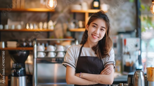 Startup successful small business owner woman sme beauty girl standing in coffee shop restaurant. Portrait of young asian woman barista cafe local owner. SME sell online entrepreneur business banner