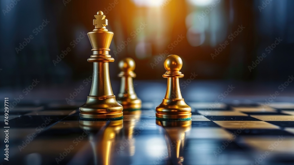 The King in battle chess game stand on chessboard with black isolated background. Business leader concept for market target strategy. Intelligence challenge and business competition success play. The King in battle chess game stand on chessboard with black isolated background. Business leader concept for market target strategy. Intelligence challenge and business competition success play.
