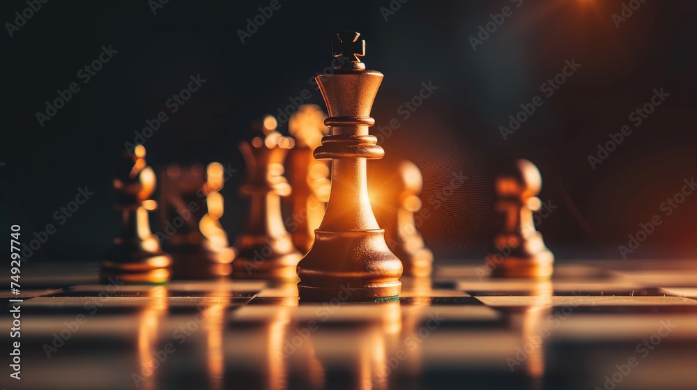 The King in battle chess game stand on chessboard with black isolated background. Business leader concept for market target strategy. Intelligence challenge and business competition success play.
