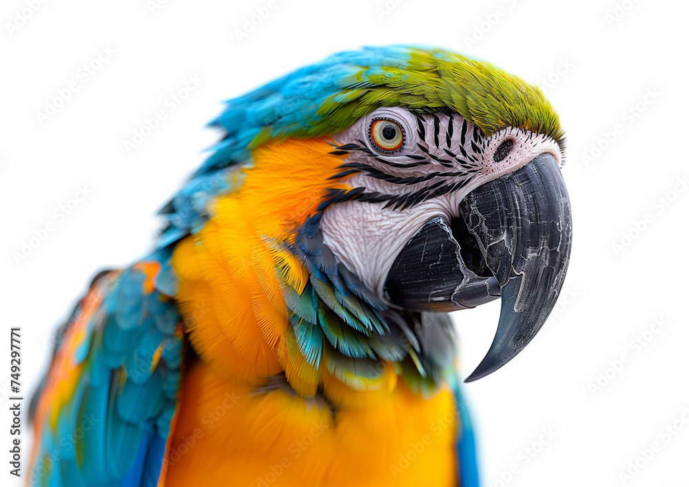 Large blue and yellow macaw tropical parrot on white background.Macro.AI Generative.