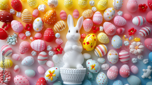 cute bunny decorative figure and easter eggs . Easter card, Easter background. idea for Easter decor