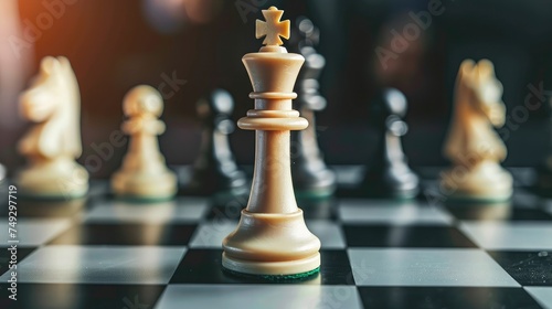 The King in battle chess game stand on chessboard with black isolated background. Business leader concept for market target strategy. Intelligence challenge and business competition success play.