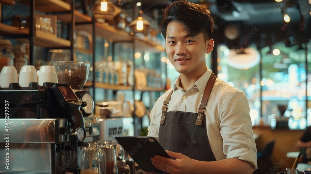 young asian man barista holding tablet and looking forward while standing at inside modern restaurant cafe shop background for SME new small business lifestyle and franchise investment concept