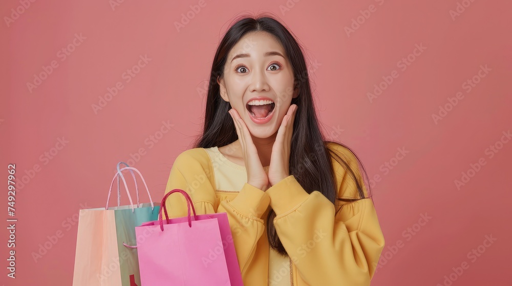 Young asian women happy after new order from customer. Surprise and shock face of asian woman success on making big sale of his online store. Online Selling. Online Shopping Young asian women happy after new order from customer. Surprise and shock face of asian woman success on making big sale of his online store. Online Selling. Online Shopping