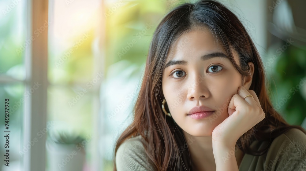 Young attractive asia female business owner thoughtful serious doubtful feel stress worry with financial problem in SME crisis small business challenges impact from covid coronavirus at home Young attractive asia female business owner thoughtful serious doubtful feel stress worry with financial problem in SME crisis small business challenges impact from covid coronavirus at home