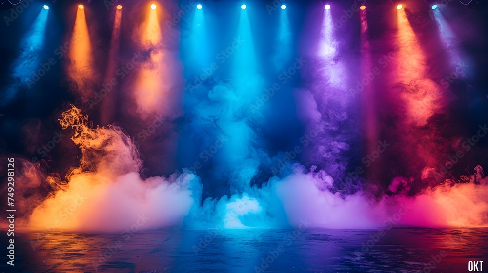 Vibrant stage lights and smoke create dynamic atmosphere in empty room. Concept Stage Lighting, Smoke Effects, Dynamic Atmosphere, Empty Room, Vibrant Ambiance