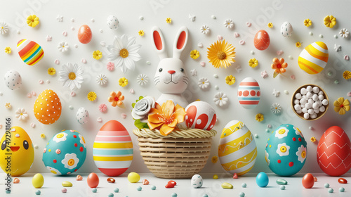 cute bunny decorative figure and easter eggs . Easter card, Easter background. idea for Easter decor