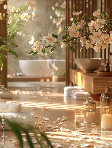 The window light casts a tranquil glow on the soft towels, blooming branches, and flickering candles, creating a perfect spa-like ambiance.