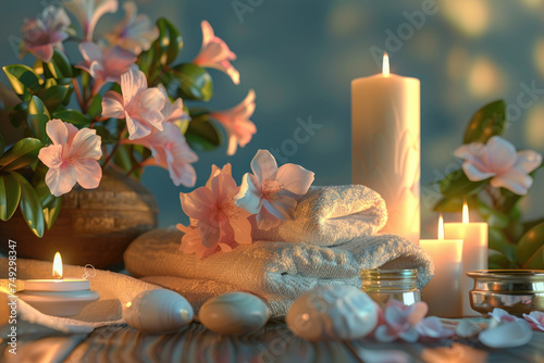 A serene spa scene with blooming flowers, fluffy towels, and glowing candles creates an atmosphere of peace and relaxation.
