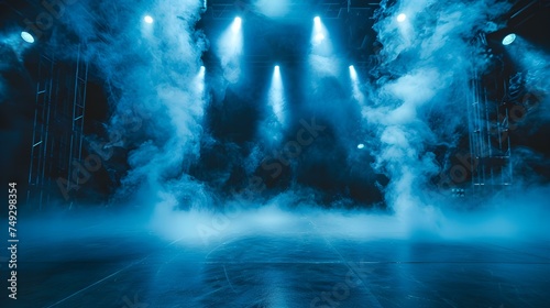 Creating a dynamic atmosphere with vibrant stage lights and smoke in an empty room. Concept Stage Lights  Smoke Effects  Empty Room  Dynamic Atmosphere  Vibrant Lighting