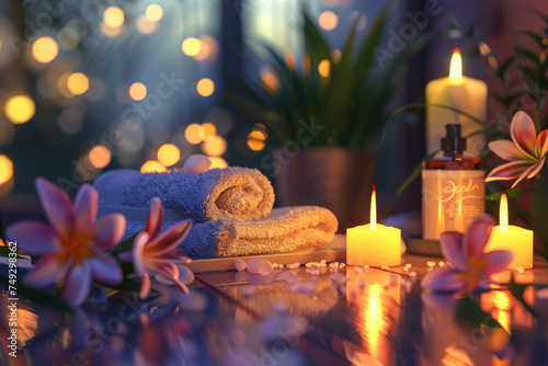 The gentle glow of candles illuminates a tranquil spa setting, where blossoming flowers and plush towels invite a peaceful retreat. © Naree