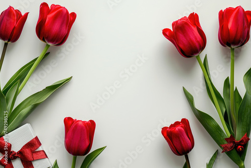 A patterned white surface decorated with bright red tulips and a brown box with a red ribbon tied to it.