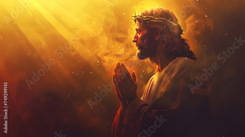 The Jesus Christ prays to the god or worship in the dark and mystery golden smoke background and glowing light comes to Jesus face