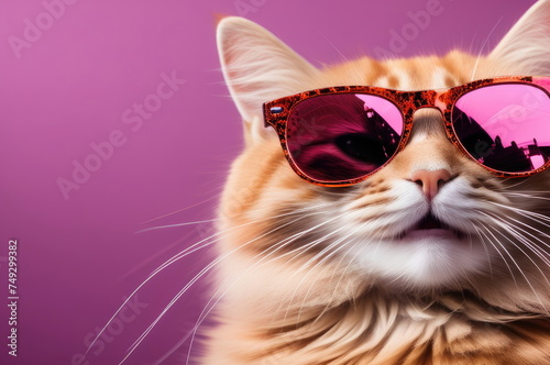 Ginger Cat in Sunglasses Against Pastel Background