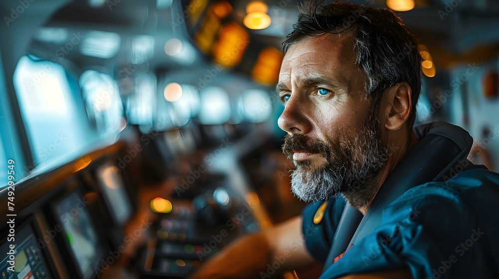 Security officer monitoring ship systems from control room during cargo operations. Concept Security officer, Ship systems, Control room, Cargo operations, Monitoring Security officer monitoring ship systems from control room during cargo operations. Concept Security officer, Ship systems, Control room, Cargo operations, Monitoring