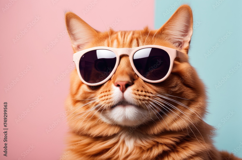 Ginger Cat in Sunglasses Against Pastel Background